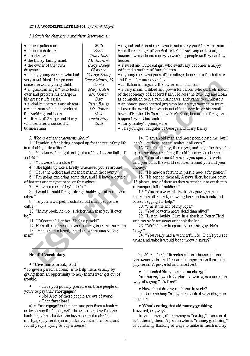 It`s a wonderful life worksheet